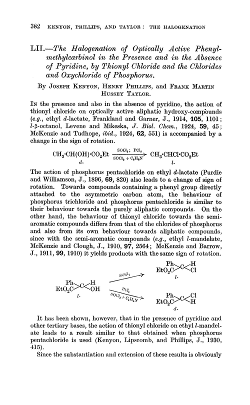 LII.—The halogenation of optically active phenyl-methylcarbinol in the presence and in the absence of pyridine, by thionyl chloride and the chlorides and oxychloride of phosphorus