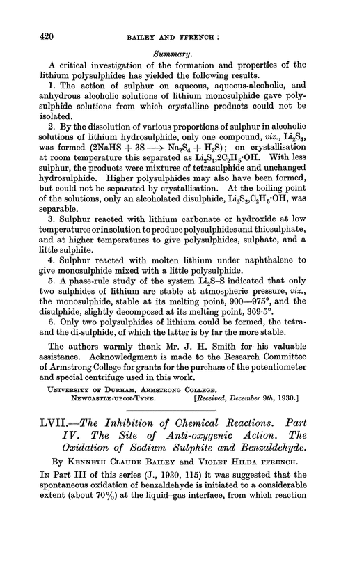 LVII.—The inhibition of chemical reactions. Part IV. The site of anti-oxygenic action. The oxidation of sodium sulphite and benzaldehyde