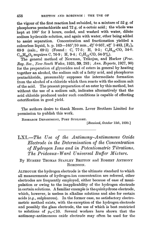 LXI.—The use of the antimony–antimonous oxide electrode in the determination of the concentration of hydrogen ions and in potenliometric titrations. The Prideaux–Ward universal buffer mixture