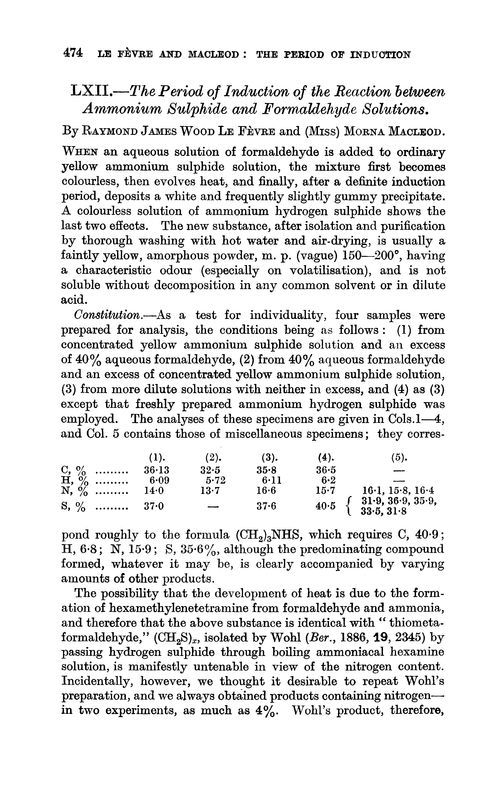 LXIL.—The period of induction of the reaction between ammonium sulphide and formaldehyde solutions