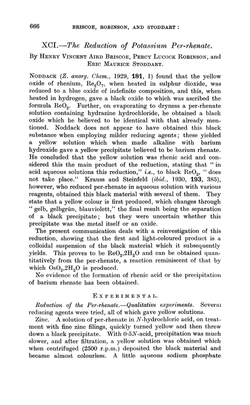 XCI.—The reduction of potassium per-rhenate