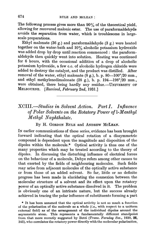 XCIII.—Studies in solvent action. Part I. Influence of polar solvents on the rotatory power of l-menthyl methyl naphthalate