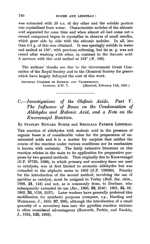 C.—Investigations of the olefinic acids. Part V. The influence of bases on the condensation of aldehydes and malonic acid, and a note on the Knoevenagel reaction