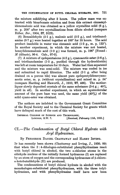 CI.—The condensation of butyl chloral hydrate with aryl hydrazines