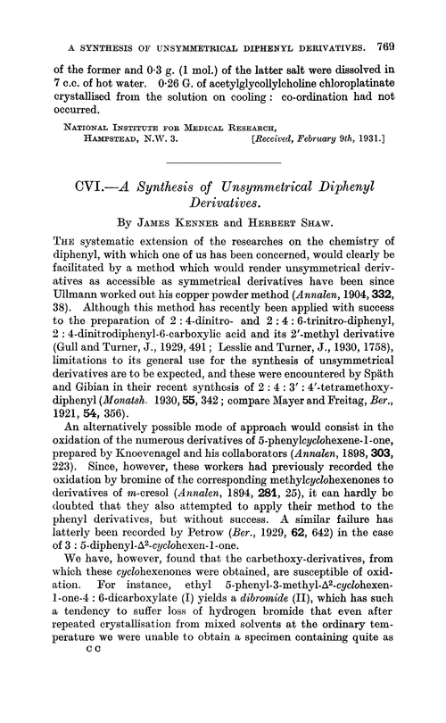 CVI.—A synthesis of unsymmetrical diphenyl derivatives