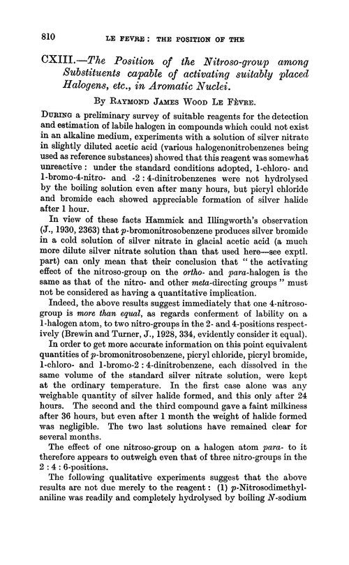 CXIII.—The position of the nitroso-group among substituents capable of activating suitably placed halogens, etc., in aromatic nuclei