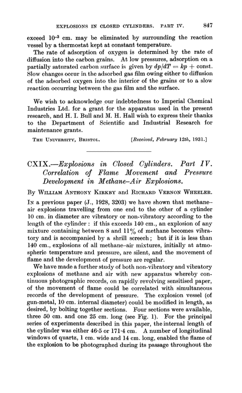 CXIX.—Explosions in closed cylinders. Part IV. Correlation of flame movement and pressure development in methane–air explosions