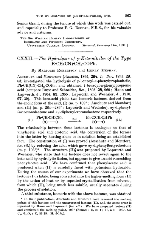 CXXII.—The hydrolysis of γ-keto-nitriles of the type, R·CH(CN)·CH2COPh