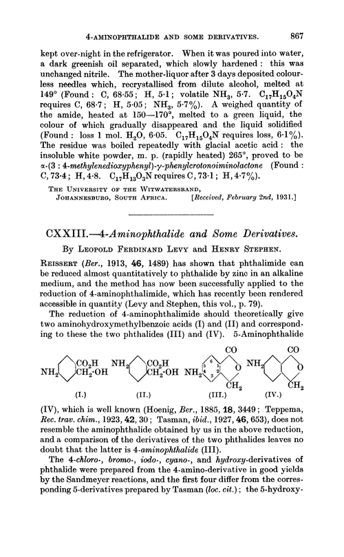 CXXIII.—4-Aminophthalide and some derivatives