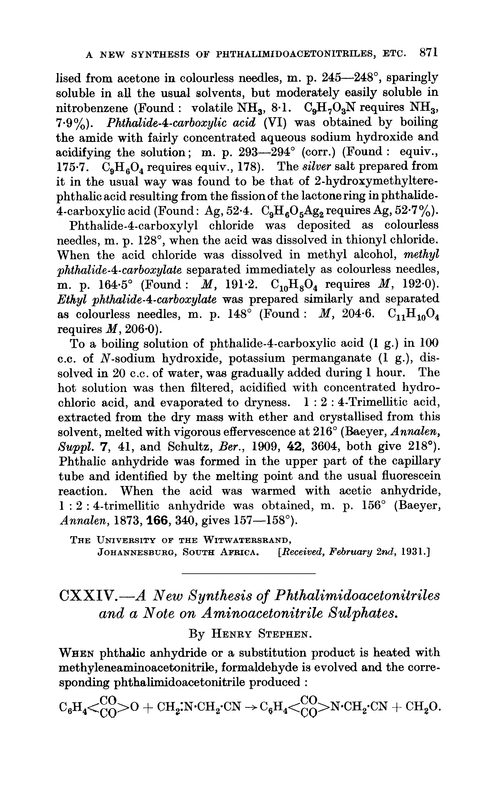 CXXIV.—A new synthesis of phthalimidoacetonitriles and a note on aminoacetonitrile sulphates