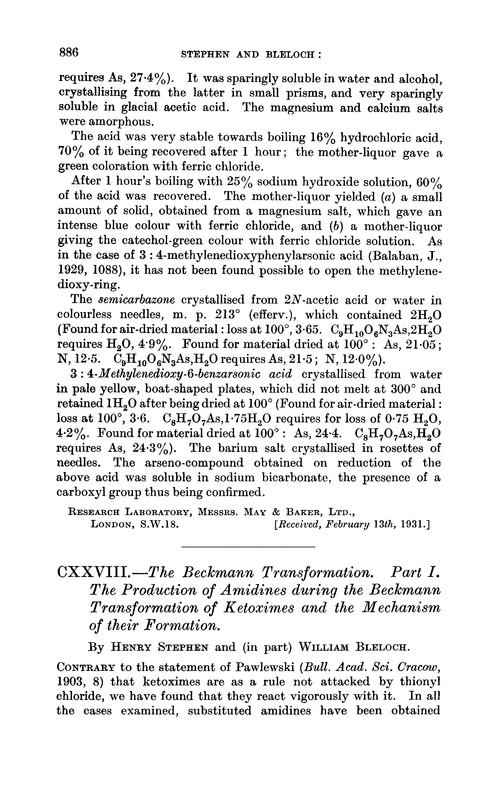 CXXVIII.—The Beckmann transformation. Part I. The production of amidines during the Beckmann transformation of ketoximes and the mechanism of their formation