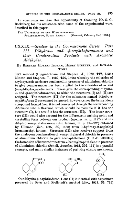 CXXIX.—Studies in the coumaranone series. Part III. Dihydro-α- and -β-naphthafuranones and their condensation products with aromatic aldehydes