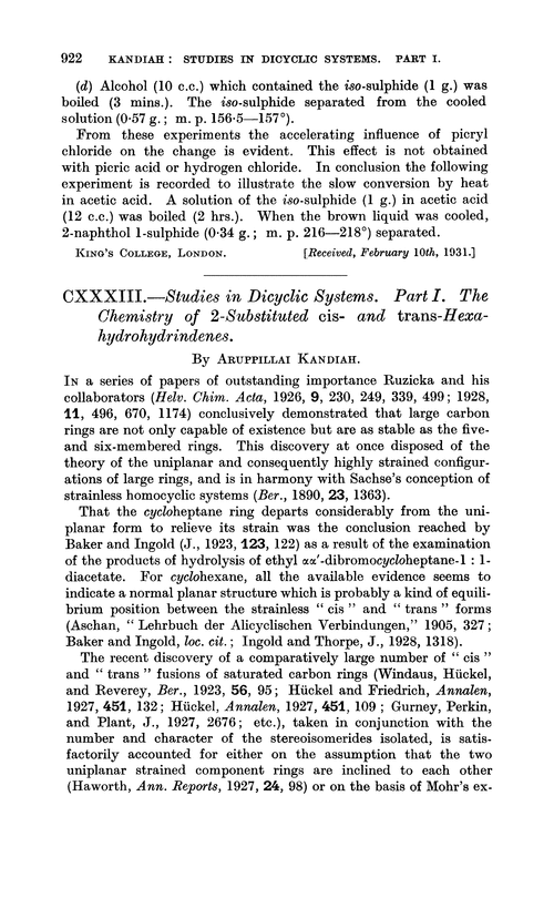 CXXXIII.—Studies in dicyclic systems. Part I. The chemistry of 2-substituted cis- and trans-hexahydrohydrindenes
