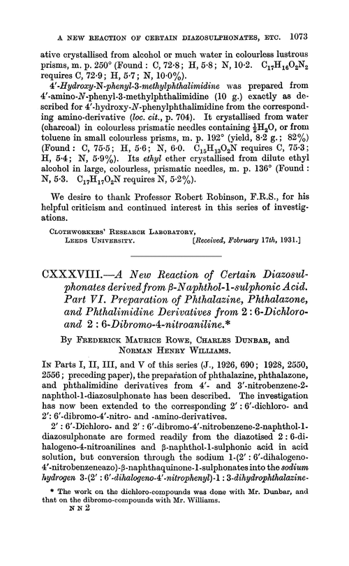 CXXXVIII.—A new reaction of certain diazosulphonates derived from β-naphthol-l-sulphonic acid. Part VI. Preparation of phthalazine, phthalazone, and phthalimidine derivatives from 2 : 6-dichloro- and 2 : 6-dibromo-4-nitroaniline