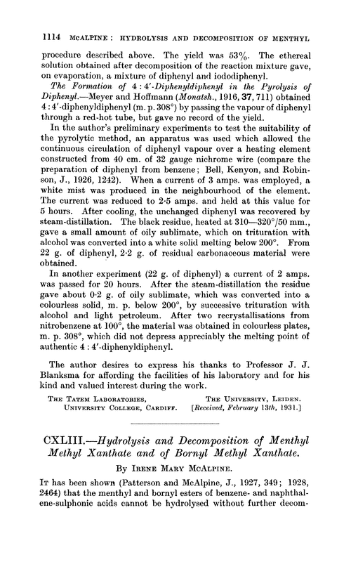 CXLIII.—Hydrolysis and decomposition of menthyl methyl xanthate and of bornyl methyl xanthate