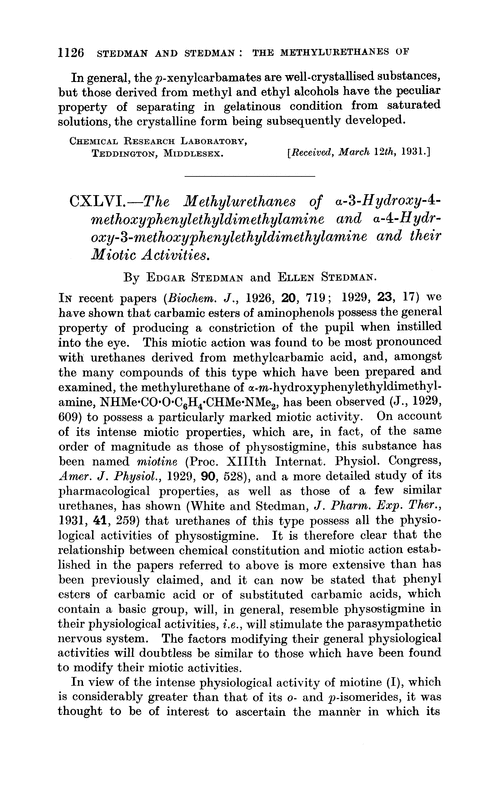 CXLVL.—The methylurethanes of α-3-hydroxy-4-methoxyphenylethyldimethylamine and α-4-hydroxy-3-methoxyphenylethyldimethylamine and their miotic activities