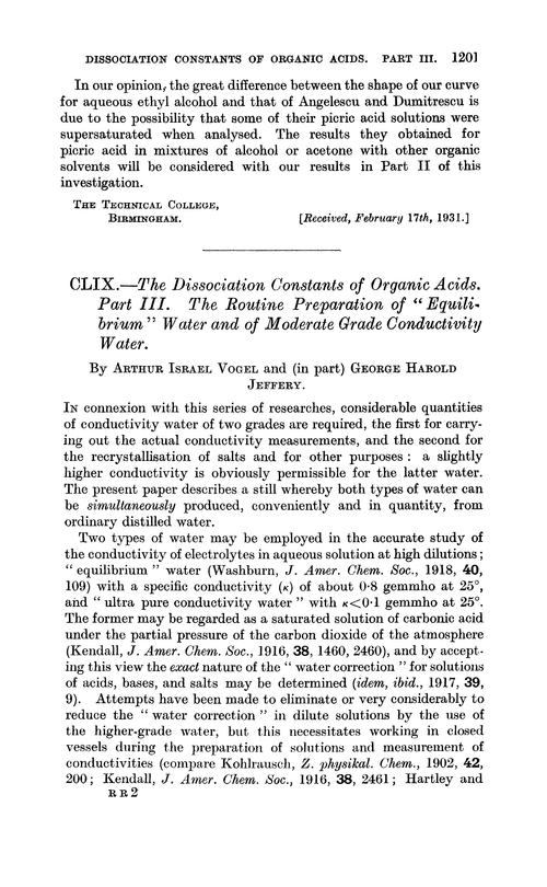CLIX.—The dissociation constants of organic acids. Part III. The routine preparation of “equilibrium” water and of moderate grade conductivity water