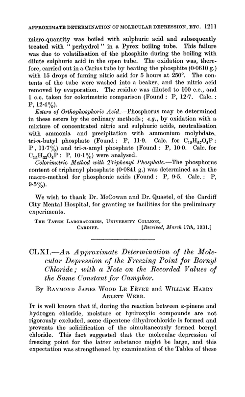 CLXI.—An approximate determination of the molecular depression of the freezing point for bornyl chloride; with a note on the recorded values of the same constant for camphor