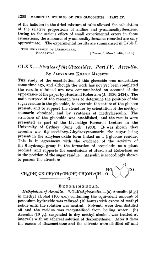 CLXX.—Studies of the glucosides. Part IV. Aesculin