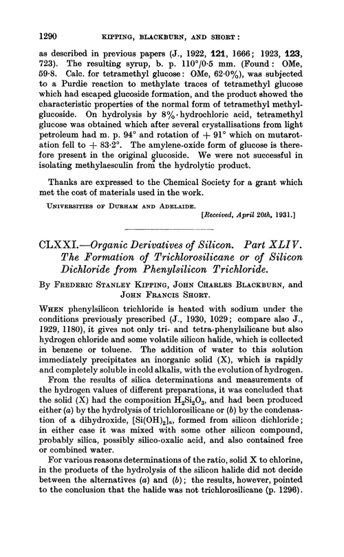 CLXXI.—Organic derivatives of silicon. Part XLIV. The formation of trichlorosilicane or of silicon dichloride from phenylsilicon trichloride