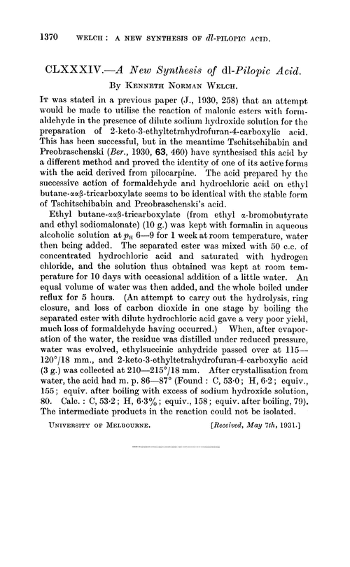 CLXXXIV.—New synthesis of dl-pilopic acid