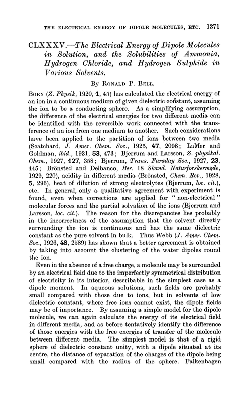 CLXXXV.—The electrical energy of dipole molecules in solution, and the solubilities of ammonia, hydrogen chloride, and hydrogen sulphide, in various solvents
