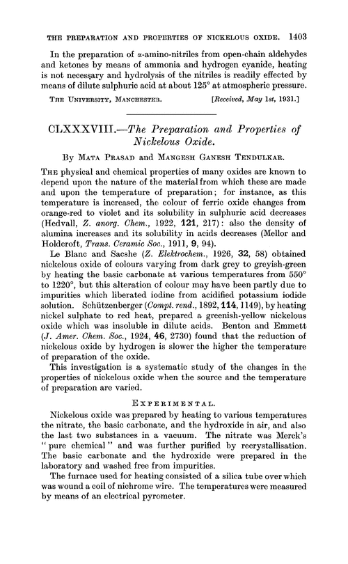 CLXXXVIII.—The preparation and properties of nickelous oxide