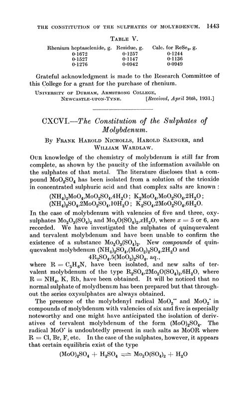 CXCVI.—The constitution of the sulphates of molybdenum