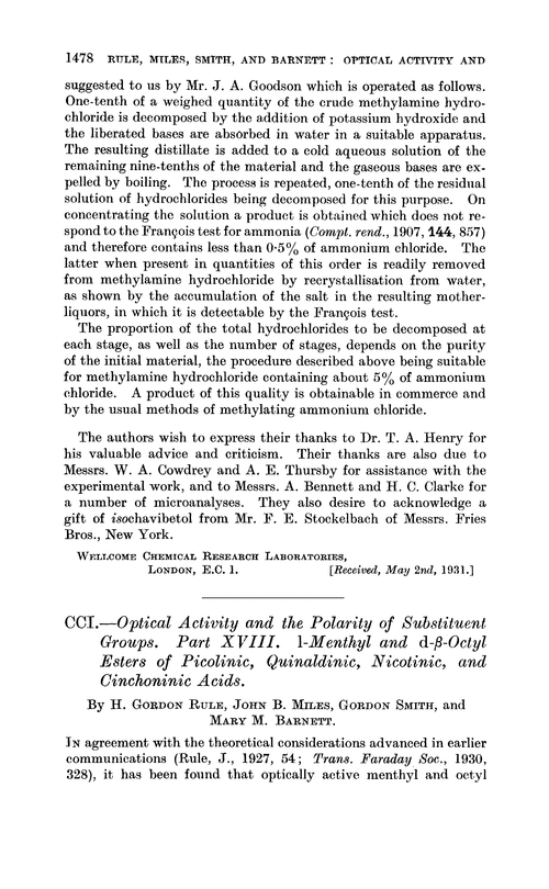 CCI.—Optical activity and the, polarity of substituent groups. Part XVIII. l-Menthyl and d-β-octyl esters of picolinic, quinaldinic, nicotinic, and cinchoninic acids