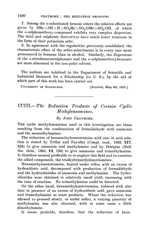 CCIII.—The reduction products of certain cyclic methyleneamines