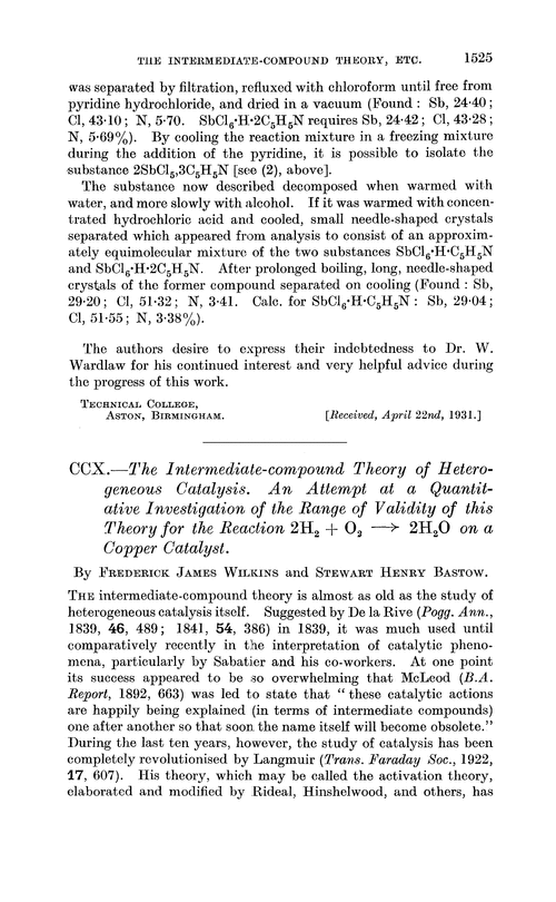 CCX.—The intermediate-compound theory of heterogeneous catalysis. An attempt at a quantitative investigation of the range of validity of this theory for the reaction 2H2+ O2→ 2H2O on a copper catalyst