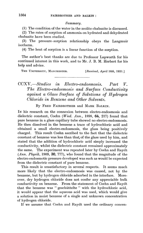 CCXV.—Studies in electro-endosmosis. Part V. The electro-endosmosis and surface conductivity against a glass surface of solutions of hydrogen chloride in benzene and other solvents
