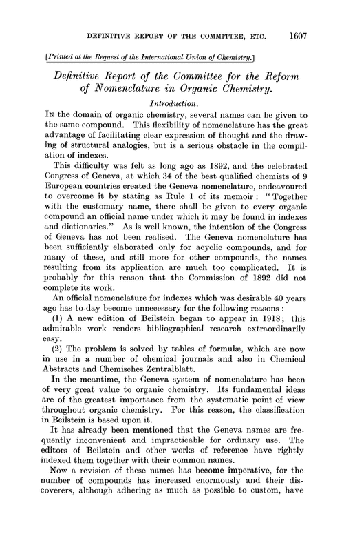 Definitive Report of the Committee for the Reform of Nomenclature in Organic Chemistry