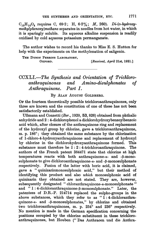 CCXLI.—The synthesis and orientation of trichloroanthraquinones and amino-disulphonates of anthraquinone. Part I