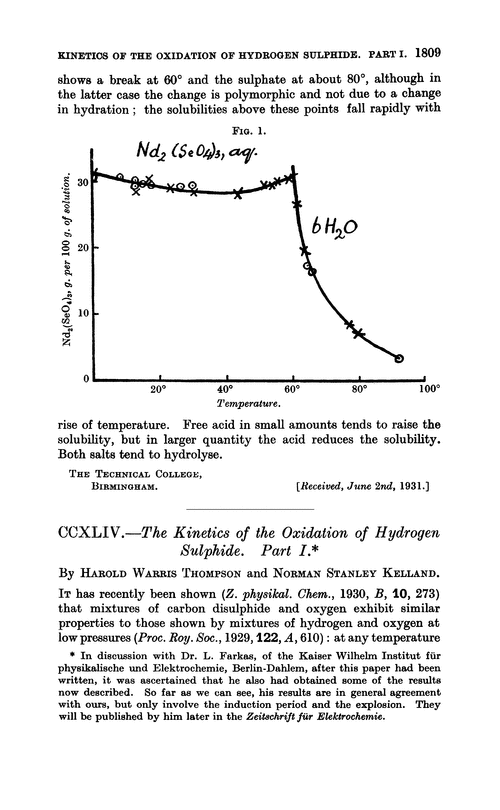 CCXLIV.—The kinetics of the oxidation of hydrogen sulphide. Part I
