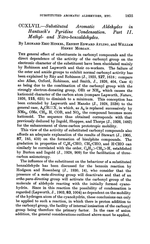 CCXLVII.—Substituted aromatic aldehydes in Hantzsch's pyridine condensation. Part II. Methyl- and nitro-benzaldehydes