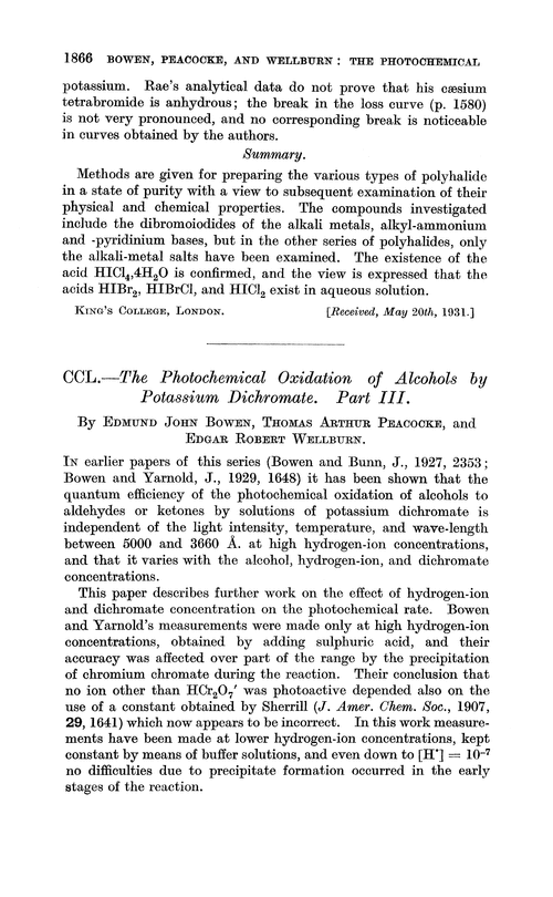 CCL.—The photochemical oxidation of alcohols by potassium dichromate. Part III