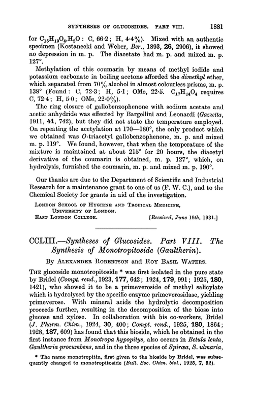 CCLIII.—Syntheses of glucosides. Part VIII. The synthesis of monotropitoside (gaultherin)