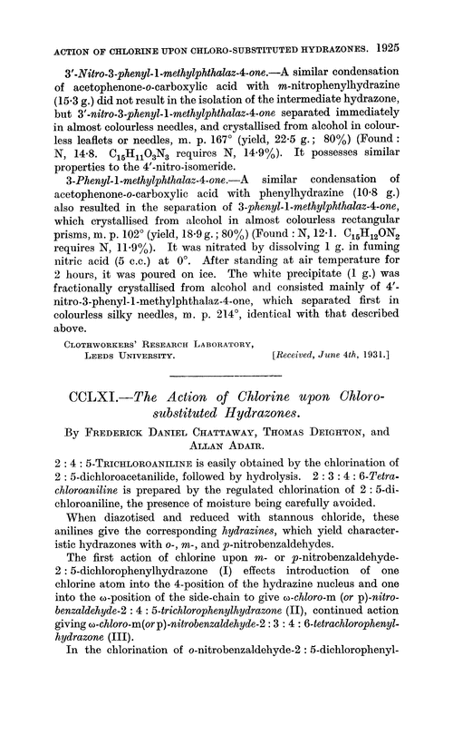 CCLXI.—The action of chlorine upon chlorosubstituted hydrazones