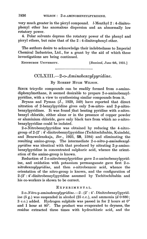 CCLXIII.—2-o-Aminobenzylpyridine