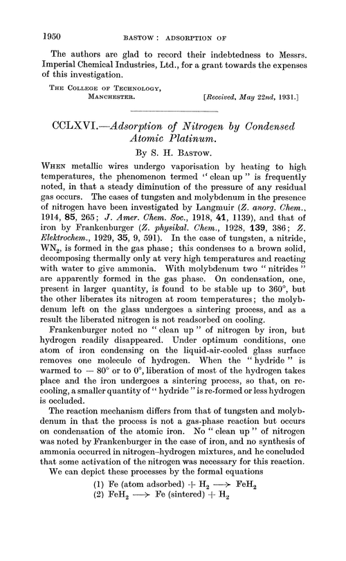CCLXVI.—Adsorption of nitrogen by condensed atomic platinum