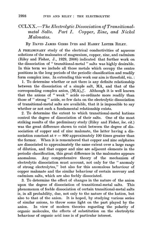 CCLXX.—The electrolytic dissociation of transitional-metal salts. Part I. Copper, zinc, and nickel malonates