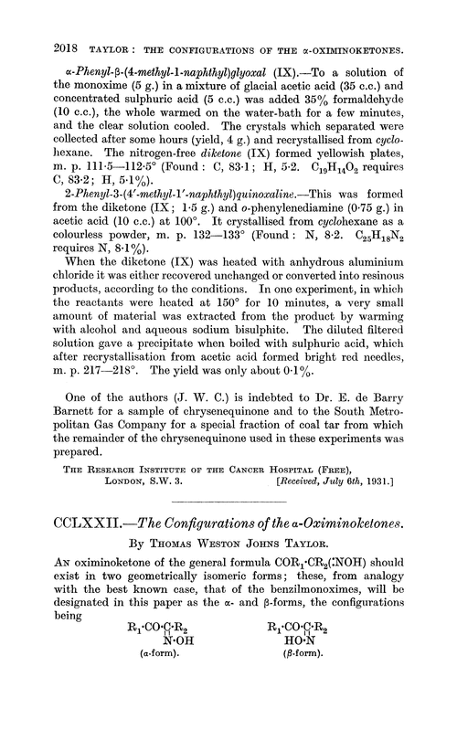 CCLXXII.—The configurations of the α-oximinoketones