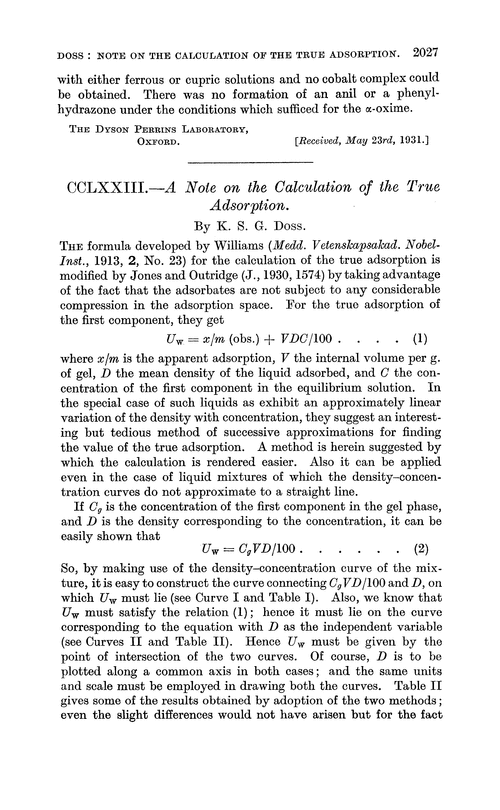 CCLXXIII.—A note on the calculation of the true adsorption