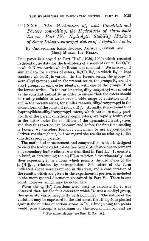 CCLXXV.—The mechanism of, and constitutional factors controlling, the hydrolysis of carboxylic esters. Part IV. Hydrolytic stability maxima of some dihydroxypropyl esters of aliphatic acids