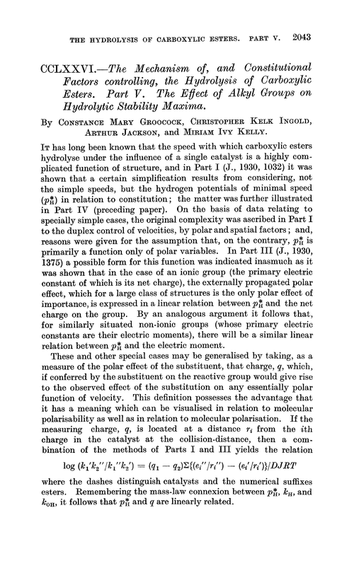 CCLXXVI.—The mechanism of, and constitutional factors controlling, the hydrolysis of carboxylic esters. Part V. The effect of alkyl groups on hydrolytic stability maxima