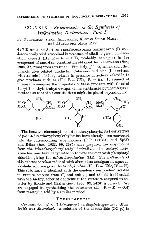 CCLXXIX.—Experiments on the synthesis of isoquinoline derivatives. Part I