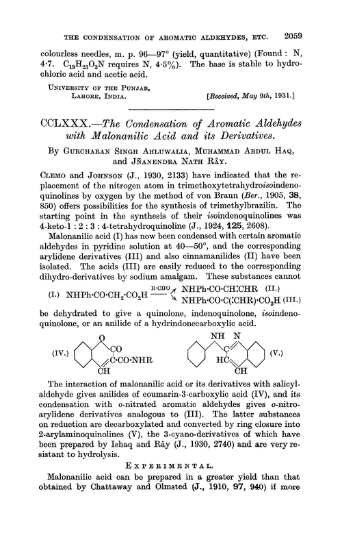 CCLXXX.—The condensation of aromatic aldehydes with malonanilic acid and its derivatives