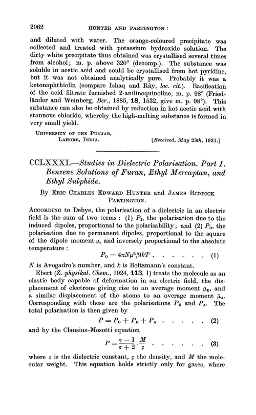 CCLXXXI.—Studies in dielectric polarisation. Part I. Benzene solutions of furan, ethyl mercaptan, and ethyl sulphide