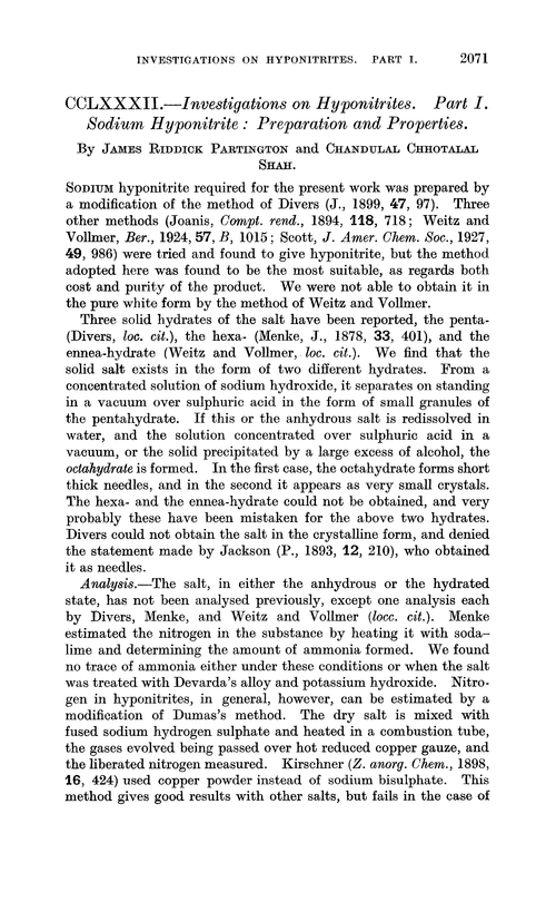 CCLXXXII.—Investigations on hyponitrites. Part I. Sodium hyponitrite: preparation and properties